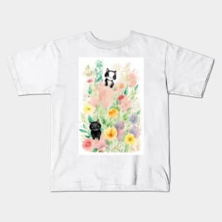 Black Cats in the Flower Garden Soft Pastel Colors Kids T-Shirt